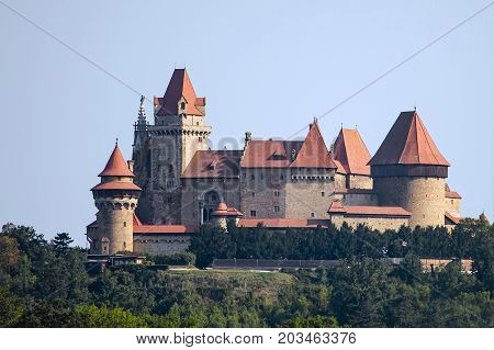 Leobendorf Austria - August 27 2017: Kreuzenstein castle imitating medieval Gothic style burg in lower Austria. View from the south.