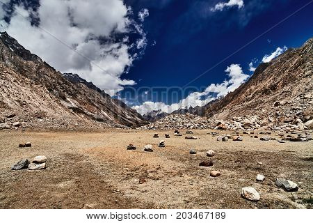 Valley and Mountains View in Himalaya. Gaumukh glacier Gangotri Uttarakhand India.