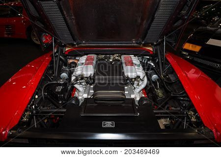 MAASTRICHT NETHERLANDS - JANUARY 09 2015: Engine of a sports car Ferrari Testarossa (Type F110). International Exhibition InterClassics & Topmobiel 2015