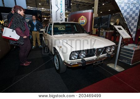 MAASTRICHT NETHERLANDS - JANUARY 09 2015: An executive saloon car Alfa Romeo Alfetta 1980. International Exhibition InterClassics & Topmobiel 2015