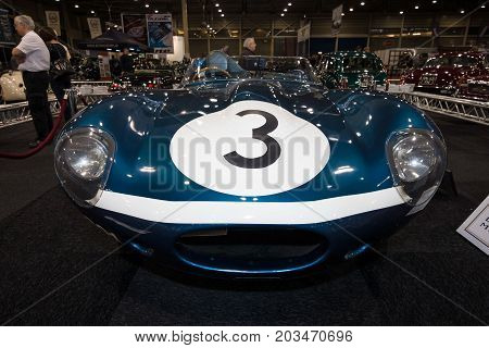MAASTRICHT NETHERLANDS - JANUARY 09 2015: Sports racing car Jaguar D-Type (number of chassis: XKD606 winner of the 1957 Le Mans 24 Hours race) 1956. International Exhibition InterClassics & Topmobiel 2015