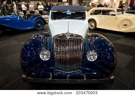 MAASTRICHT NETHERLANDS - JANUARY 09 2015: British two-door sports saloon Jaguar Mk IV 35 litre Drop Head Coupe Vanden Plas 1947. International Exhibition InterClassics & Topmobiel 2015