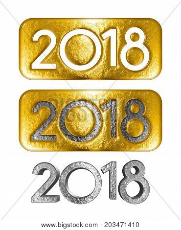 Inscription 2018 in 3d on a gold ingot isolated on a wtite background