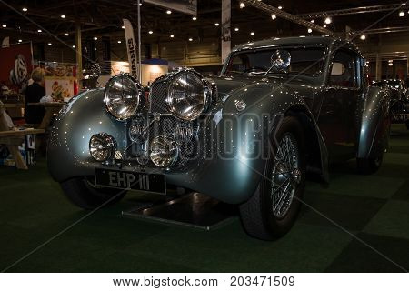 MAASTRICHT NETHERLANDS - JANUARY 09 2015: A sports car Jaguar SS100 3.5 Coupe 1938 (historical one-off prototype). International Exhibition InterClassics & Topmobiel 2015