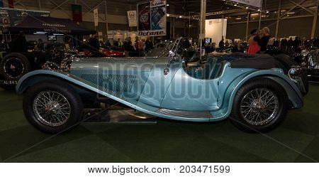 MAASTRICHT NETHERLANDS - JANUARY 09 2015: A sports car Jaguar SS100 3.5 1937. International Exhibition InterClassics & Topmobiel 2015