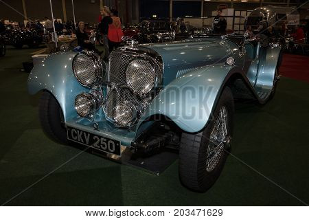 MAASTRICHT NETHERLANDS - JANUARY 09 2015: A sports car Jaguar SS100 3.5 1937. International Exhibition InterClassics & Topmobiel 2015