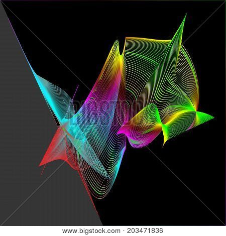 rainbow spirographic abstract pattern on a black-and-gray background