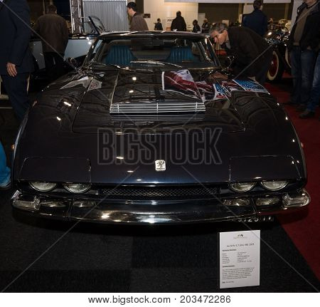 MAASTRICHT NETHERLANDS - JANUARY 08 2015: An Italian grand tourer automobile Iso Grifo 1973. International Exhibition InterClassics & Topmobiel 2015