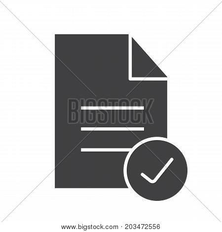 Approved document glyph icon. Silhouette symbol. Document with tick mark. Negative space. Vector isolated illustration
