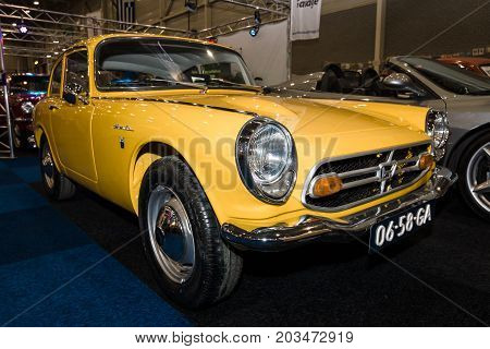 MAASTRICHT NETHERLANDS - JANUARY 09 2015: Sports car Honda S800 Coupe. International Exhibition InterClassics & Topmobiel 2015