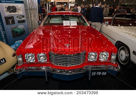 MAASTRICHT NETHERLANDS - JANUARY 09 2015: A large personal luxury coupe Ford Thunderbird (sixth generation) 1976. International Exhibition InterClassics & Topmobiel 2015