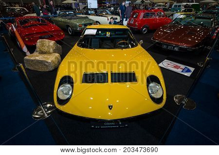 MAASTRICHT NETHERLANDS - JANUARY 09 2015: Sports car Lamborghini Miura. International Exhibition InterClassics & Topmobiel 2015