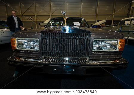 MAASTRICHT NETHERLANDS - JANUARY 09 2015: A Full-size luxury car Rolls-Royce Silver Spirit 1988. International Exhibition InterClassics & Topmobiel 2015