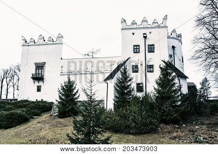 Beautiful chateau Strazky Slovak republic. Cultural heritage. Architectural theme. Cold photo filter.