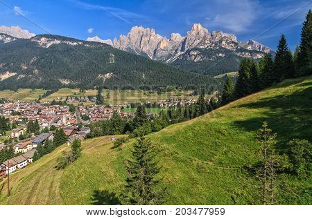 summer view of Val di Fassa with Pozza village Trentino Italy