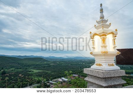 a lamp to decorate temple in balcony at Thai temple. One of the most important places in the district of Li it is also a viewpoint of the city where you can see the sunrise in the morning mist.