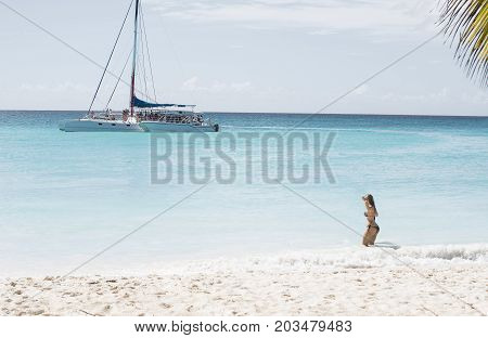 Caribbean sea with turquoise water and palms close to Saona island