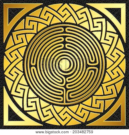 Traditional vintage Golden round Greek ornament, Meander pattern on black background