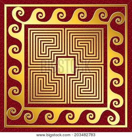 Traditional vintage Golden square Greek ornament, Meander pattern on a red background