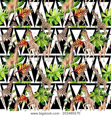 Exotic giraffe wild animal pattern in a watercolor style. Full name of the animal: camelopard. Aquarelle wild animal for background, texture, wrapper pattern or tattoo.