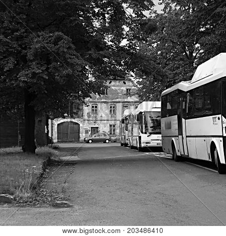 Kravare, Czech Republic - August 12, 2017: White Csad Buses Parked At A Bus Stop During Summer Touri
