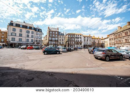 SAINT FLOUR, FRANCE - August 01, 2017: View on the old buildings on the central square of saint Flour town in Cantal region in France