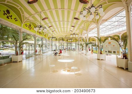 VICHY, FRANCE - August 01, 2017: Beautiful interior view of the old thermal pump-room with healing water in Vichy city in France