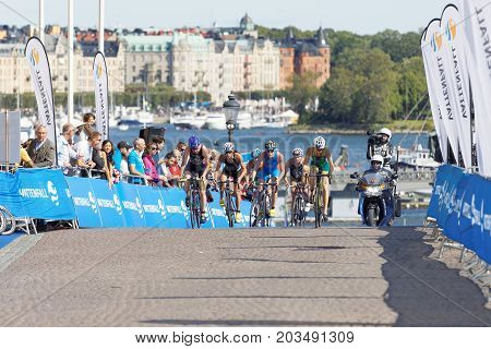 STOCKHOLM - AUG 26 2017: Climbing group of female triathlete cyclists Gentle Hewitt Lee and Miller in the Women's ITU World Triathlon series event August 26 2017 in Stockholm Sweden