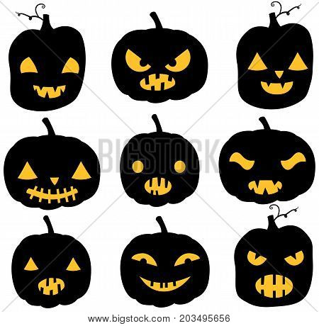 Vectorr pumpkin silhouettes in black color with yellow eyes and mouths - different expressions for Halloween invitations and backgrounds