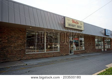 CREST HILL, ILLINOIS / UNITED STATES - JULY 20, 2017: Walt's Hobby and Model Shop sells model trains, scenic detailing supplies, plastic model kits, model rocketry, and radio control cars, boats, planes and helicopters.