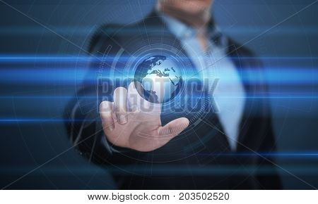 Digital Global Network. Business Internet Technology Concept. Businessman presses touch screen.