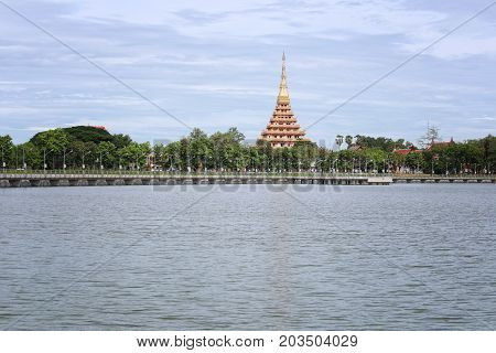 Wat Nong wang and bueng Kaennakorn lagoons view in the day timeReligious Attractions of Khon KaenThailand.