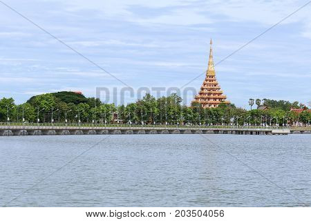 Wat Nong wang and bueng Kaennakorn lagoons view in the day timeReligious Attractions of Khon KaenThailand.