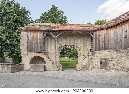historic building with gate at Rothenburg ob der Tauber a town in Middle Franconia in Bavaria Germany