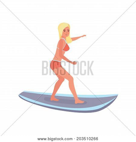 Summer vacation on sea and beach. Surfer woman with surfboard standing and riding on ocean wave. Recreational beach water sport. Surf travel. Character person. Vector illustration in cartoon style.