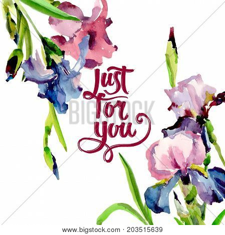 Wildflower iris flower frame in a watercolor style. Full name of the plant: flower-de-luce. Aquarelle wild flower for background, texture, wrapper pattern, frame or border.