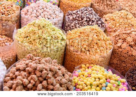 Nuts And Dried Fruits In Large Bags On Market. Morocco