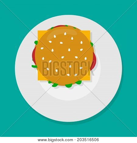 vector illustration hamburger on plate.  flat design