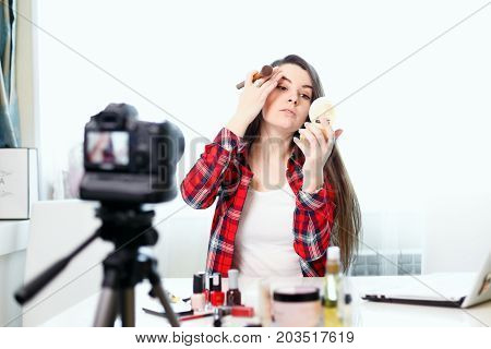 A Young Girl Blogger Writes A New Edition.beauty-blog.girl Beauty Blogger In Front Of The Camera.gir
