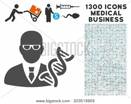 Geneticist grey vector icon with 1300 health care business pictographs. Set style is flat bicolor light blue and gray pictograms.