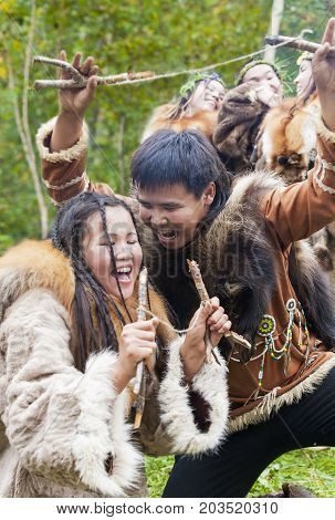 KAMCHATKA RUSSIA - SEPTEMBER 09 2017: Aborigine of Kamchatka dancing on dance marathon. Feast of the Aborigines of Kamchatka 