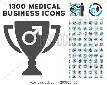 Male Power Award Cup gray vector icon with 1300 clinic commercial pictograms. Collection style is flat bicolor light blue and gray pictograms.