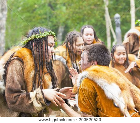KAMCHATKA RUSSIA - SEPTEMBER 09 2017: Aborigine of Kamchatka dancing on dance marathon. Feast of the Aborigines of Kamchatka 