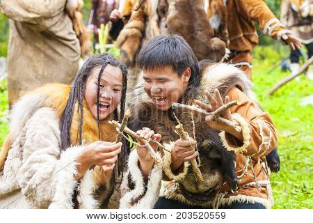 KAMCHATKA RUSSIA - SEPTEMBER 09 2017: Aborigine of Kamchatka dancing on dance marathon. Feast of the Aborigines of Kamchatka 