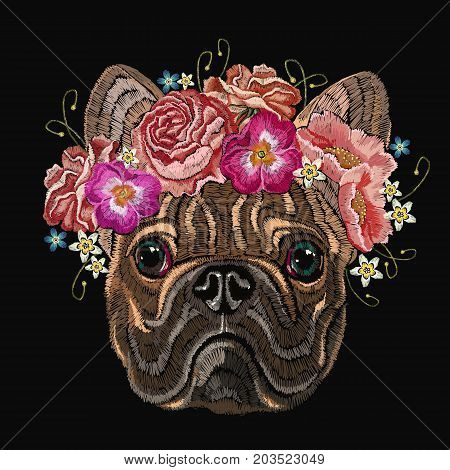 Embroidery french bulldog and beautiful bouquet of flowers. Classical embroidery head bulldog rose peonies fashionable design for clothes t-shirt design
