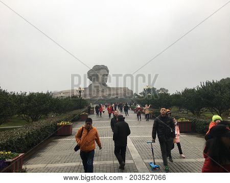 Changsha Hunan China , 1 February 2017 : Mao Zedong sculpture in orange Chau Tau island, Changsha City, Hunan Province, china