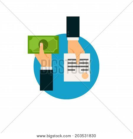 Vector icon of hands exchanging document for money. Tax refund, bribing, financial check. Taxation concept. Can be used for topics like business, banking, finance