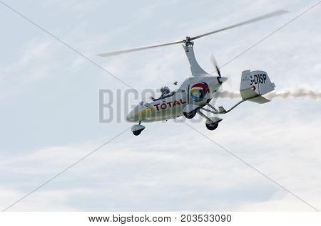 Clacton Essex United Kingdom -25 August 2017: Gyro copter flying over Clacton Essex in annual free air display