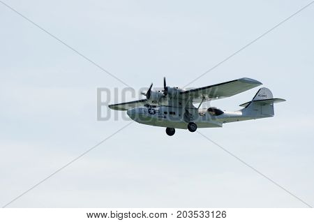 Clacton Essex United Kingdom -25 August 2017: Catalina seaplane in World War II U.S. Navy colors with sky in background