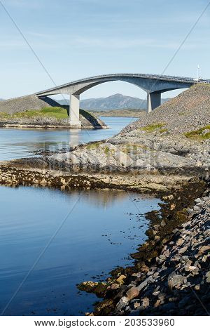 storseisundet bridge on Atlantic road in Norway. Summer season. copy space.